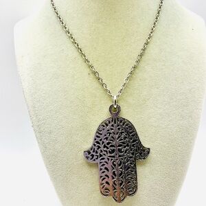 Elegant Silver Plated Filigree Hand of Fatima, Hamsa Hand Pendant Necklace 24 in
